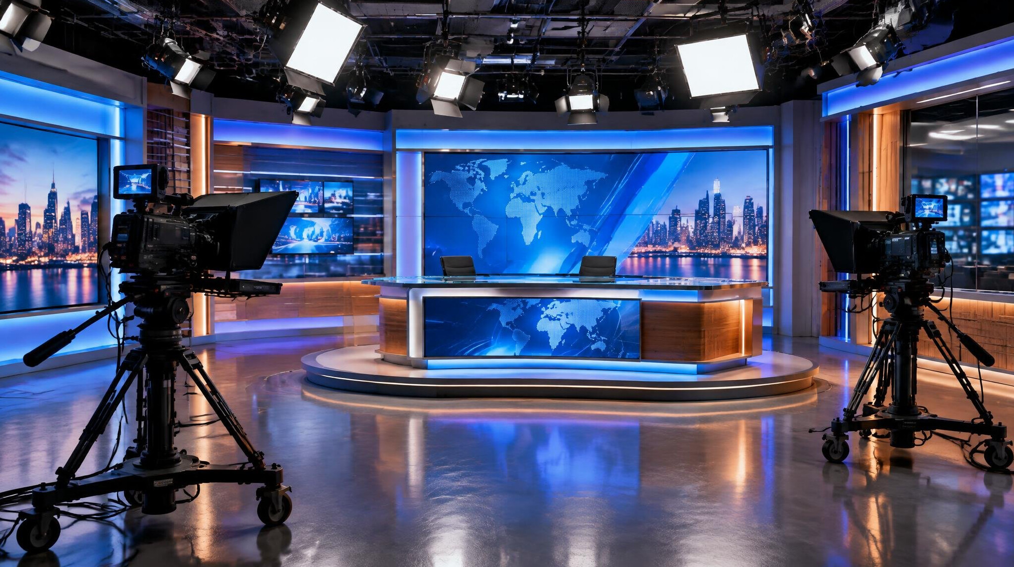 Professional television studio with broadcast cameras and lighting rig