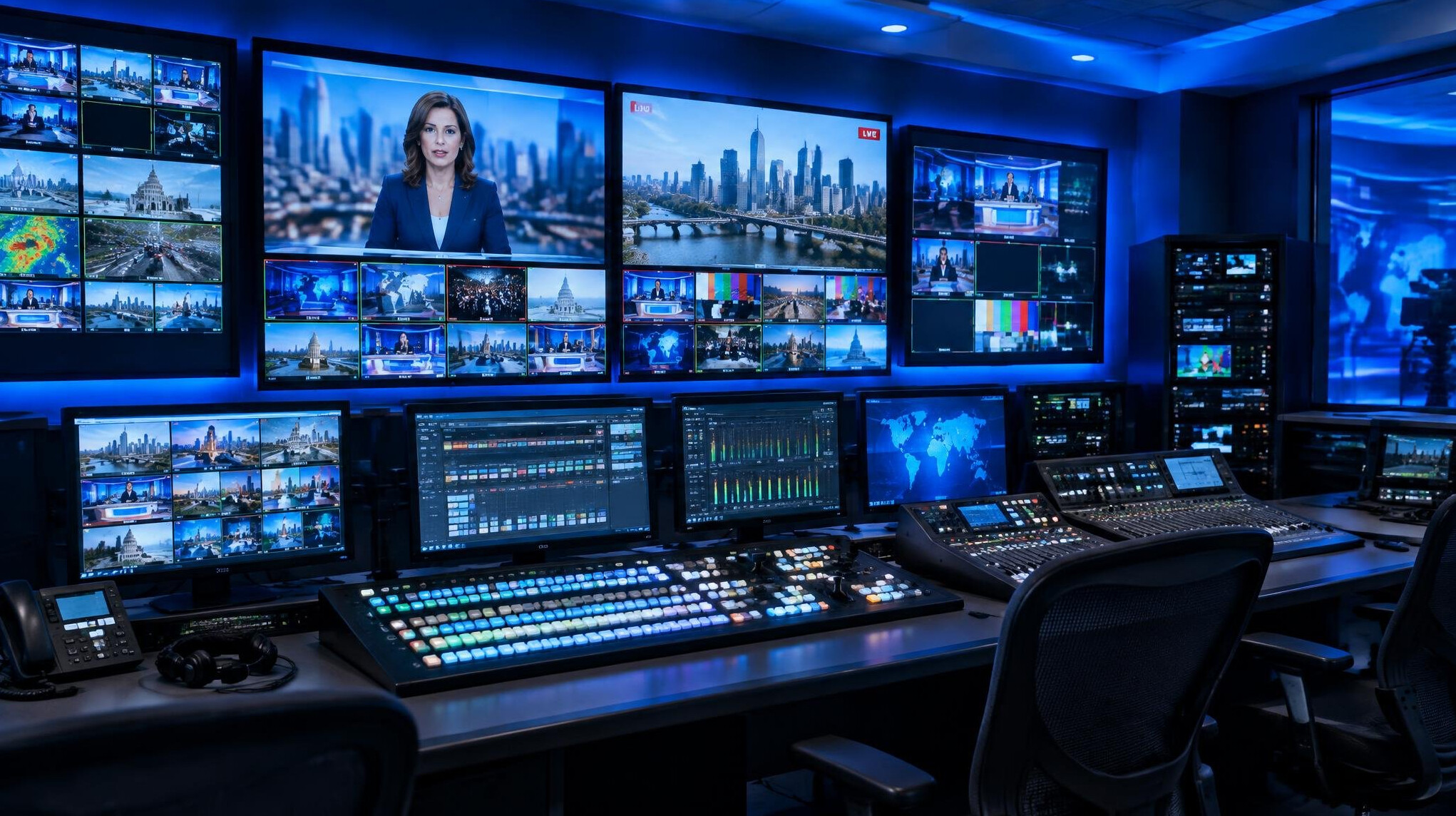 Television control room with broadcast monitors