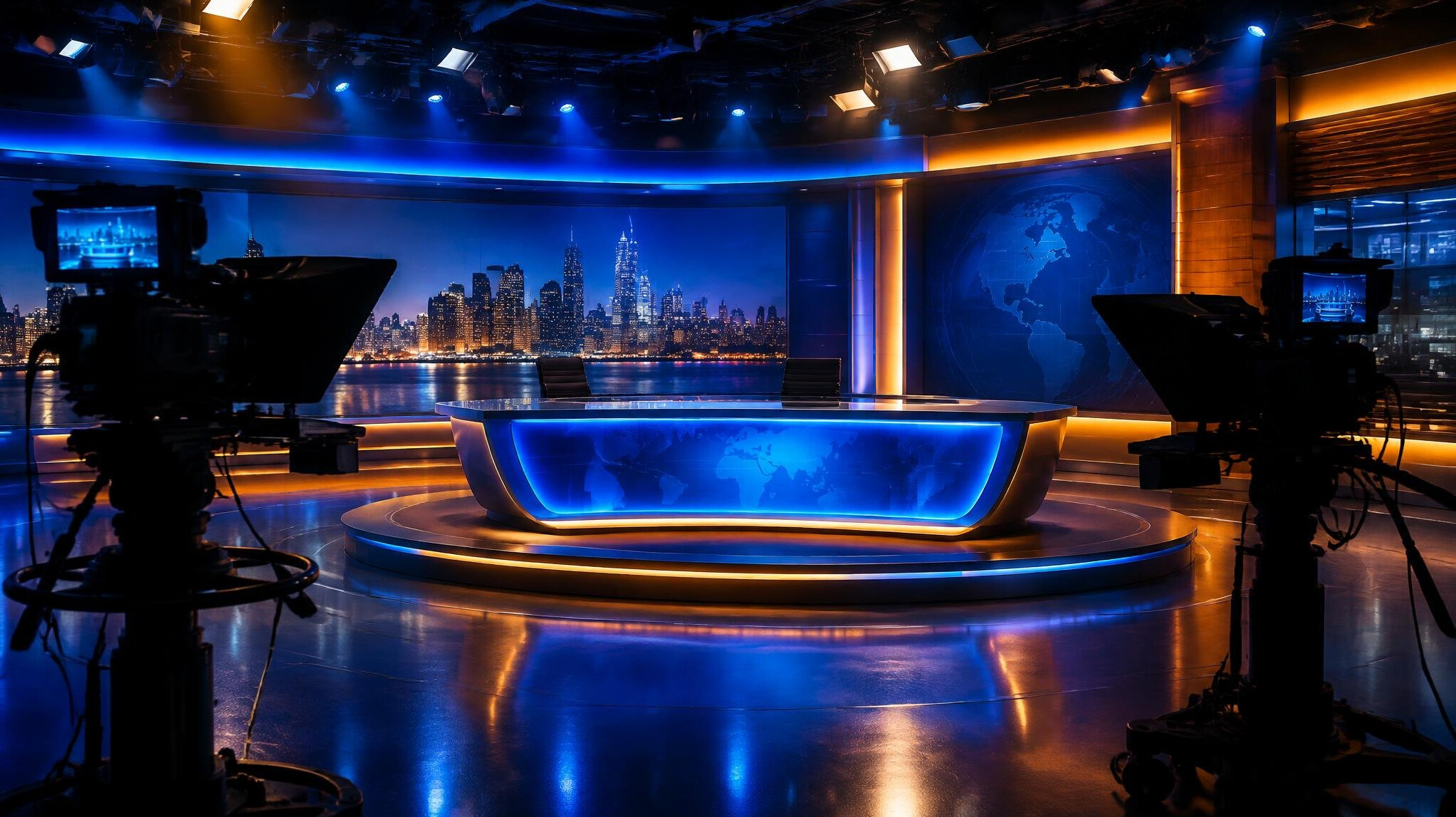 Television news studio set with dramatic lighting