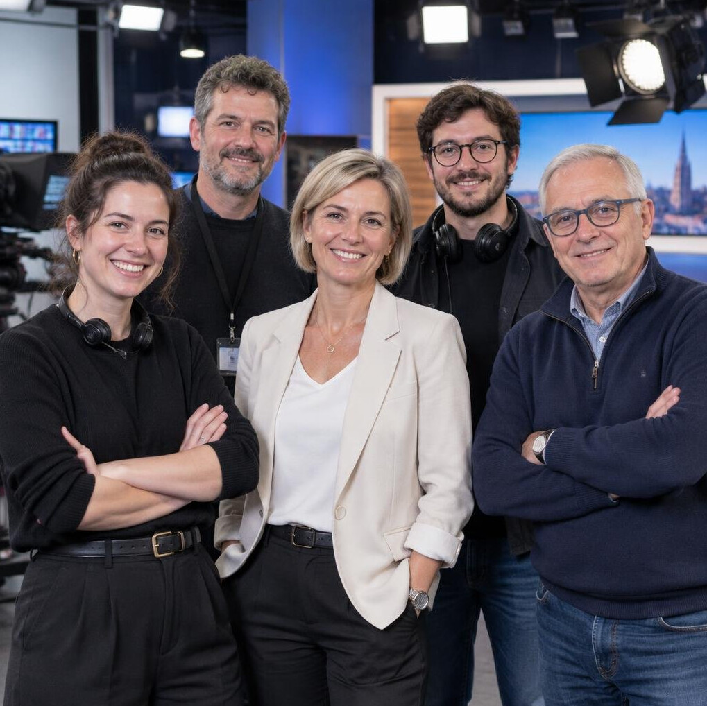Team of broadcast production professionals in a TV studio