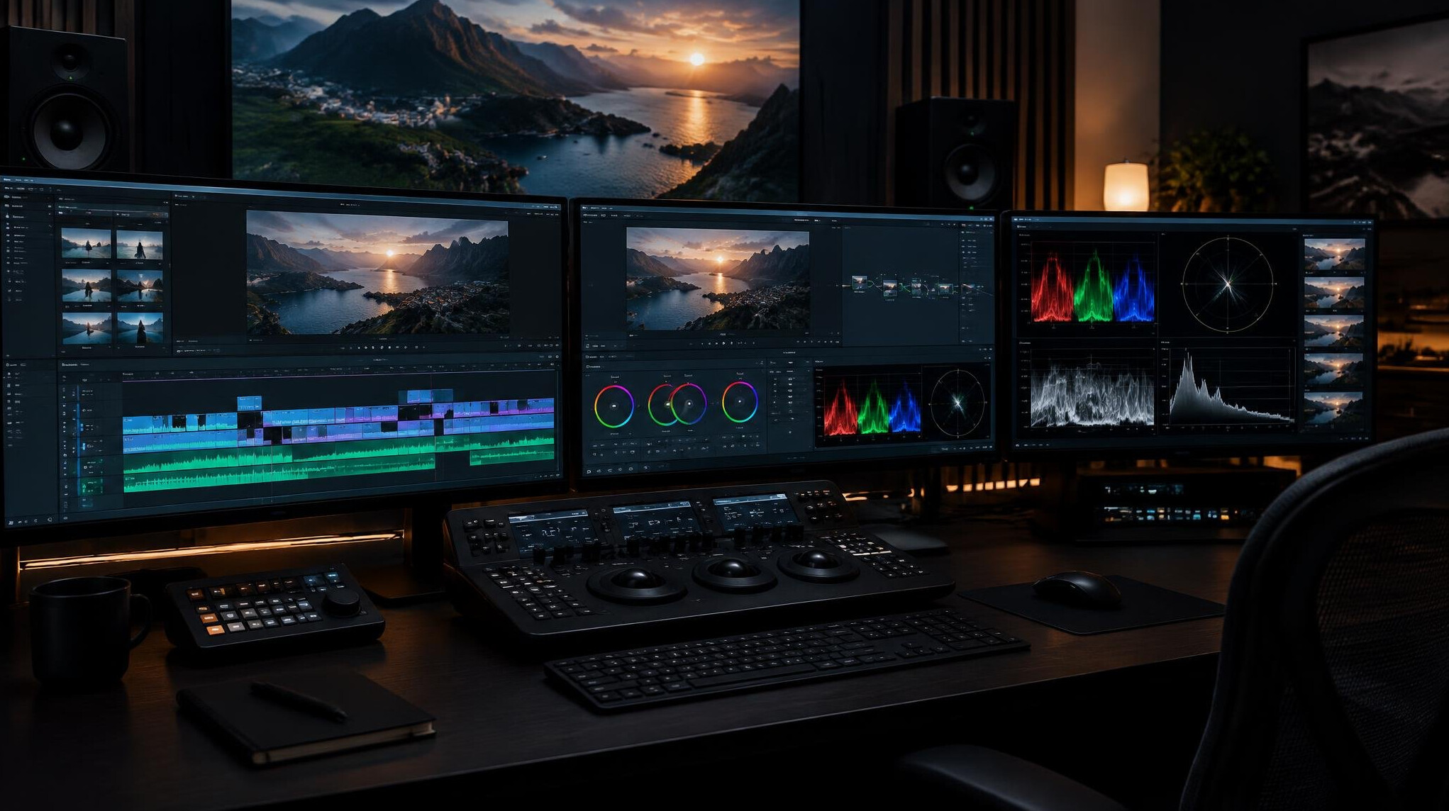 Video editing suite with monitors showing a timeline