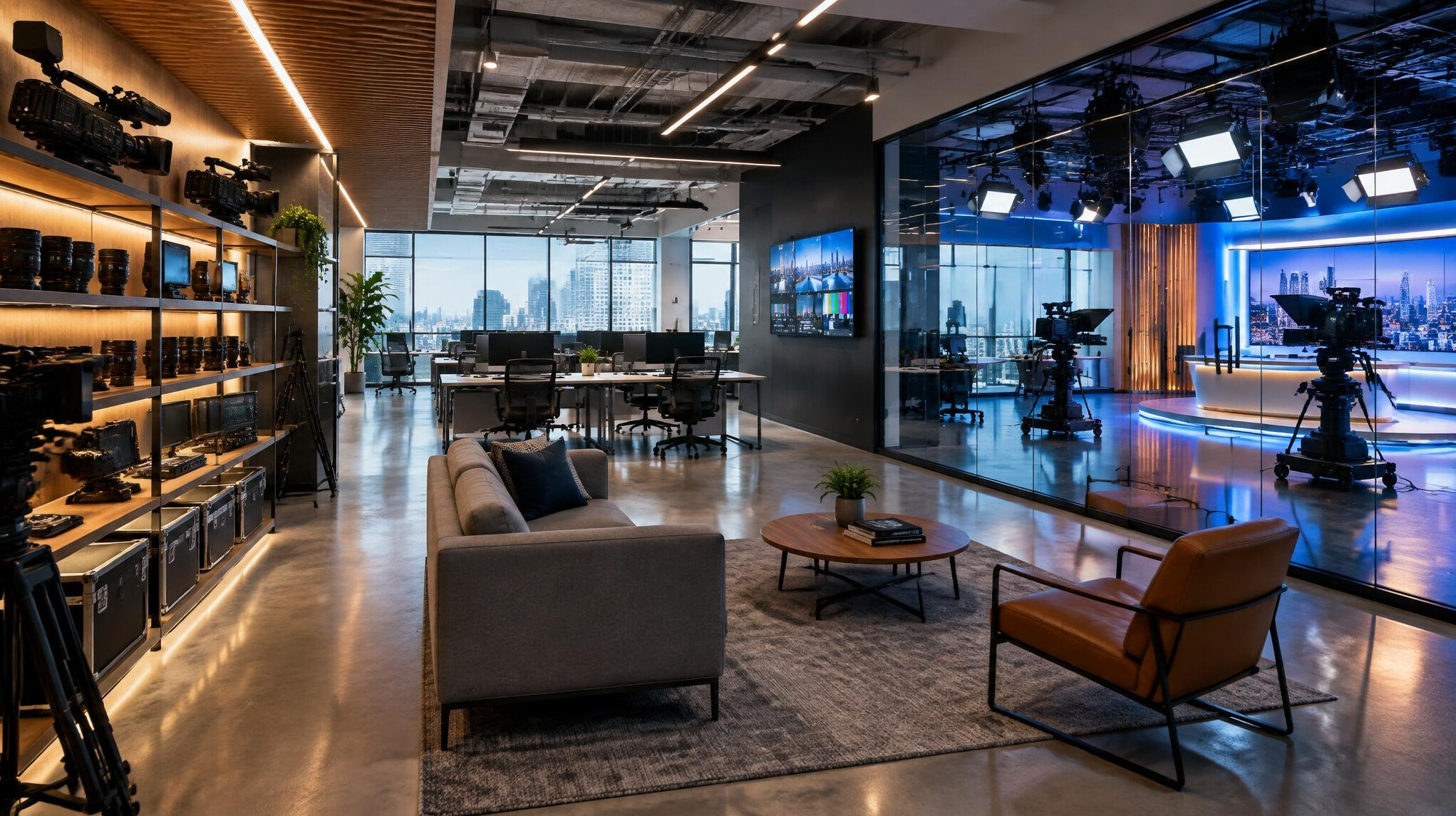 Modern television production studio office interior
