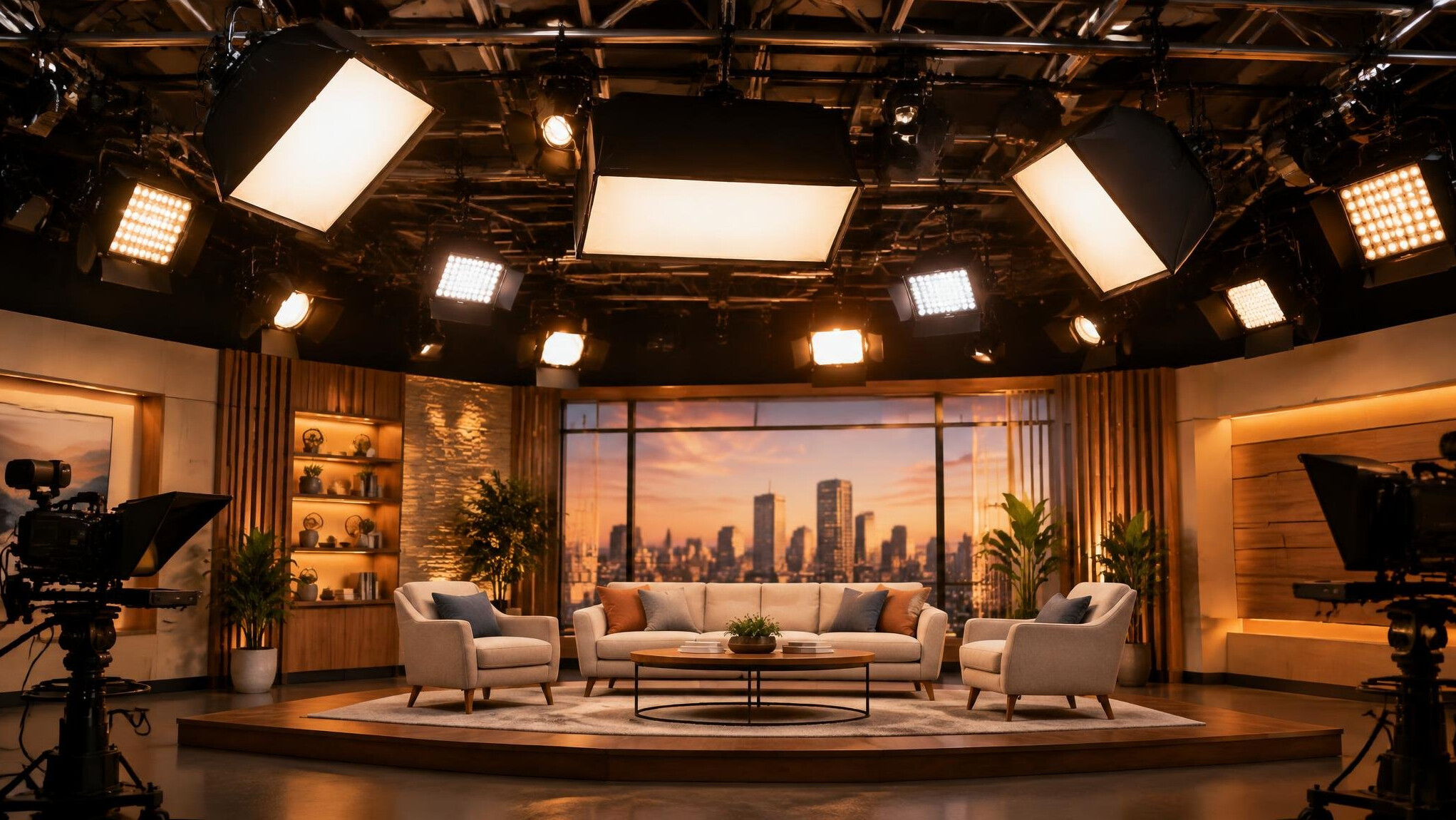 Studio lighting rig with softboxes on a grid