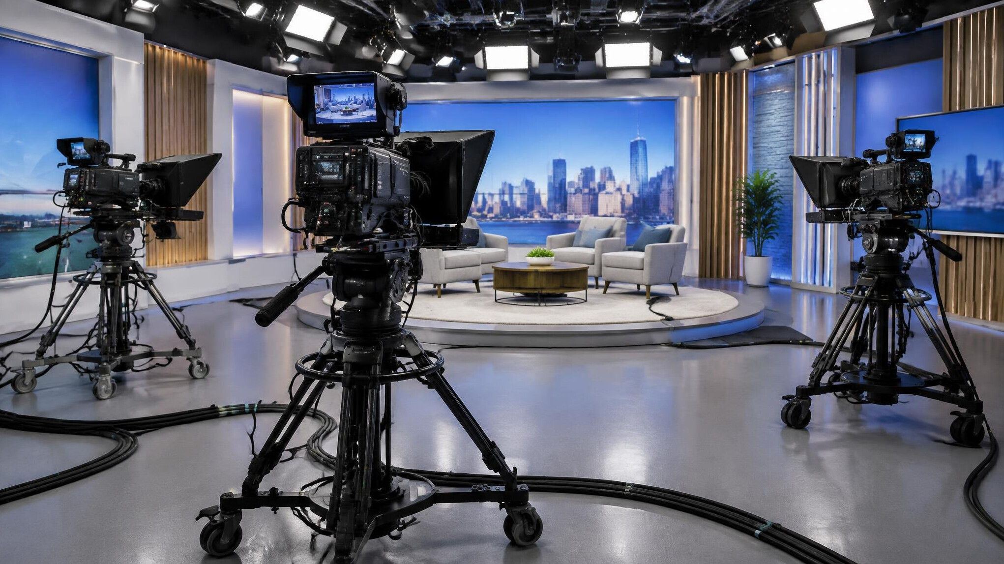 Multiple broadcast cameras positioned around a television set