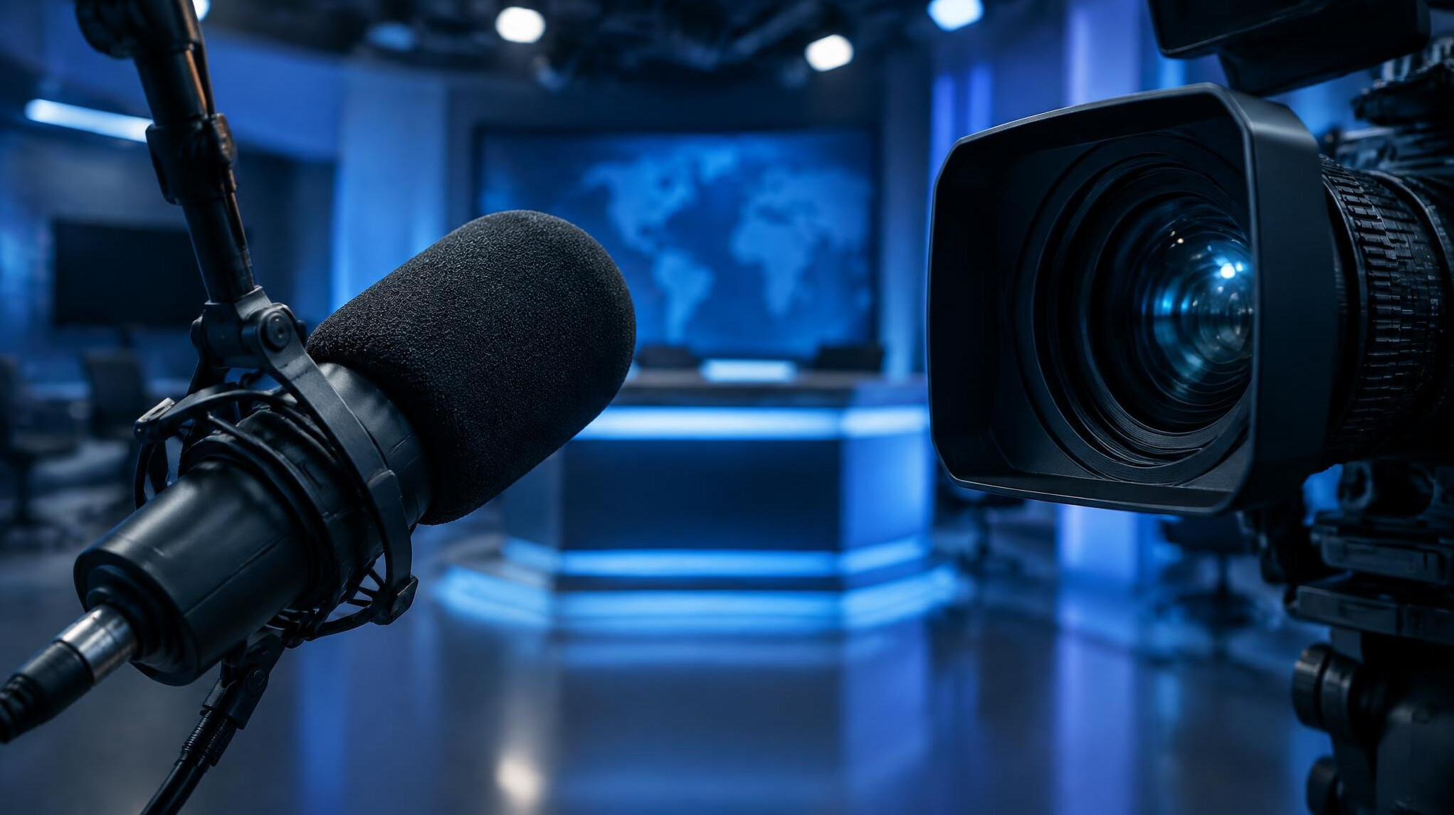 Professional microphone and camera in a quiet studio